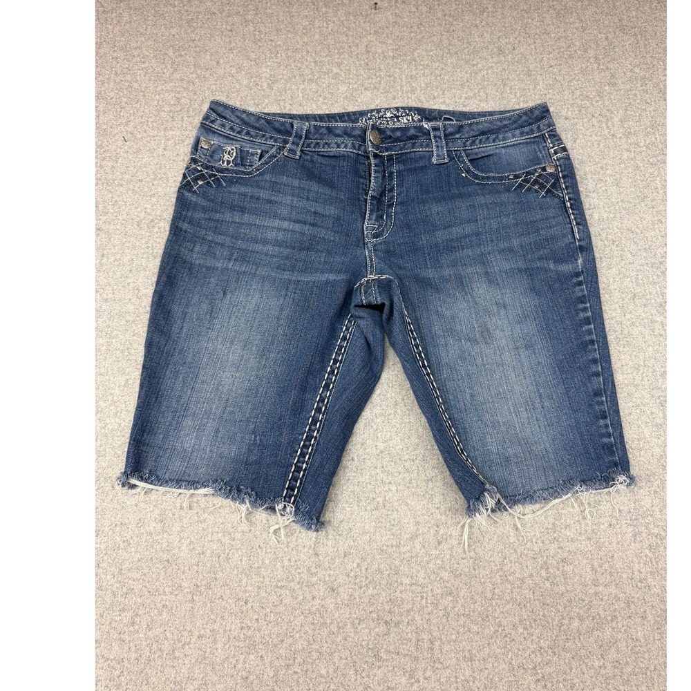 Paisley Sky Denim Bermuda Shorts Size 14 Blue Frayed Hem Contrast Stitch Studded